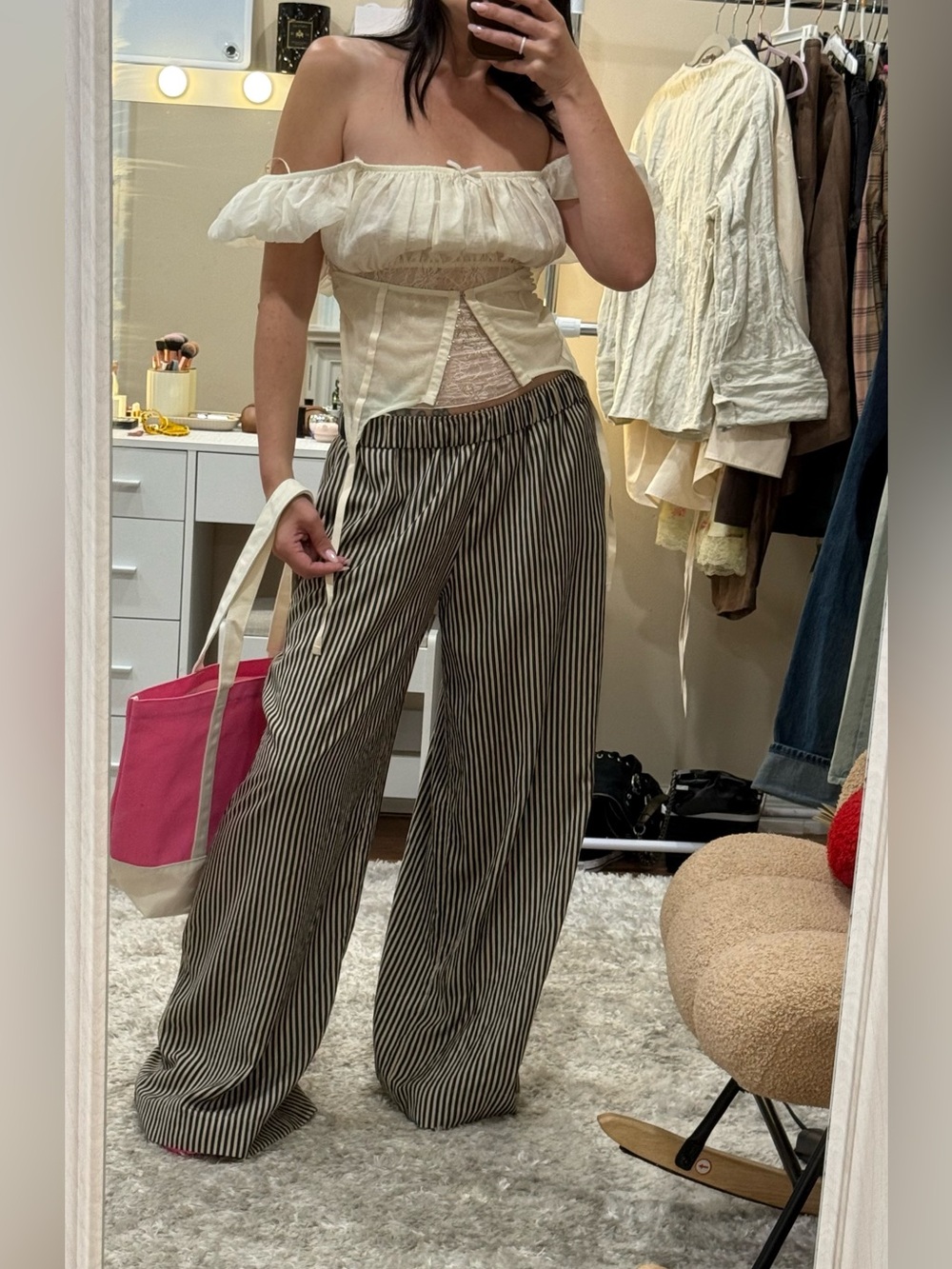 Zara Cream Off-Shoulder Corset Top with Black & White Pinstripe Wide-Leg Pants